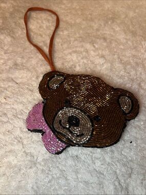Liz Claiborne Brown Beaded Bear Wristlet with Pink Bow Accent